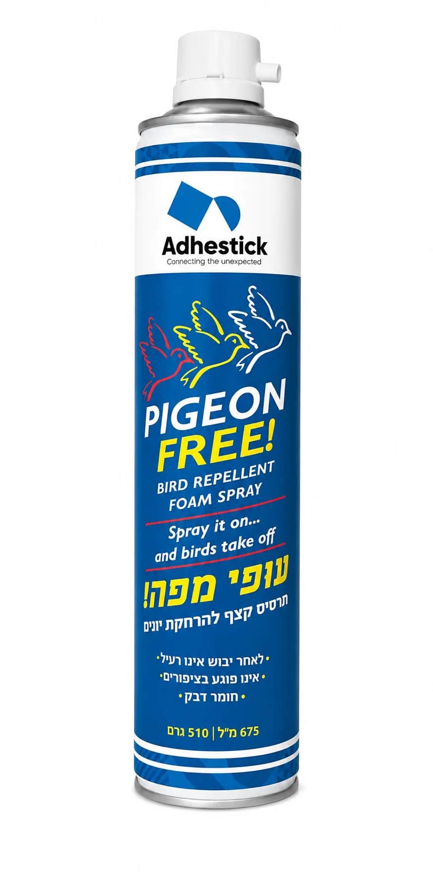 עופי מפה תרסיס קצף להרחקת יונים וציפורים 675 מ״ל / 400 גרם Adhestick PIGEON FREE