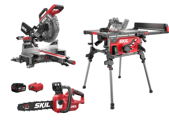 Skil 工具选购指南 - 10" (254 mm) 2000W 台锯带折叠腿 + 254 mm 2000W 斜切锯带摆锤和角度标记 + 12" 链锯 + 4.0Ah 电池 + 充电器 Skil