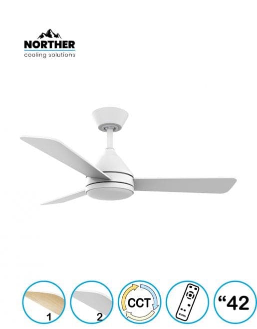 42" YOUNG Ceiling Fan + Remote, 24W LED CCT, White + Wood, NORTHER